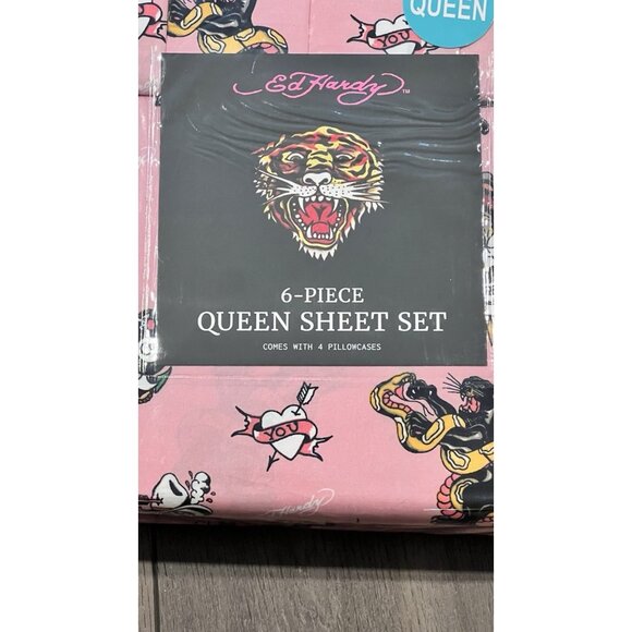 Ed Hardy 6-Piece QUEEN Bedding Sheet Set Pink Graphic Print Y2K Tiger Heart Dice - Picture 2 of 7